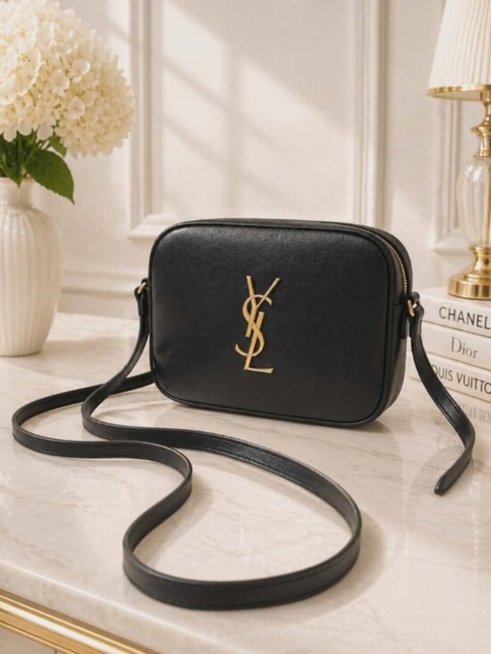 Authentic YSL Saint Laurent Lou Camera Bag Black Leather Gold Logo Crossbody